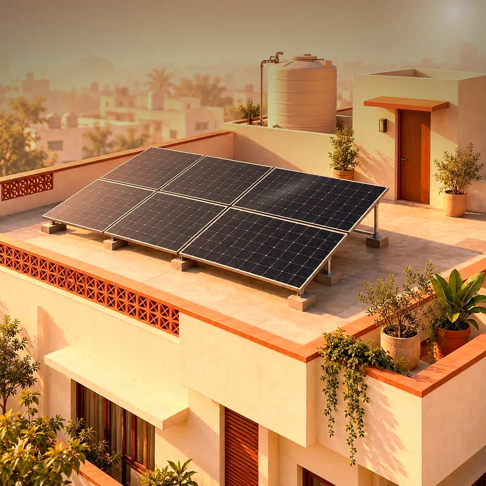 Architectural illustration of solar panels and a water tank on an Indian residential rooftop in warm evening light